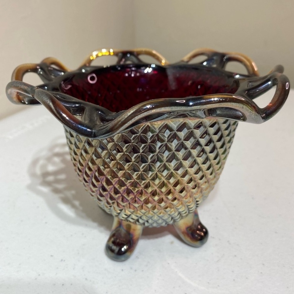 Imperial Carnival Ruby Red Glass Bowl Lace Diamond Pattern Footed Vintage